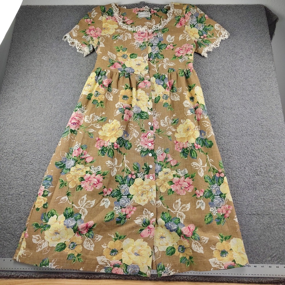 VTG 80s Cottagecore Dress Sz 12 Floral Lace Trim Button Up Cotton Flax Blend EUC